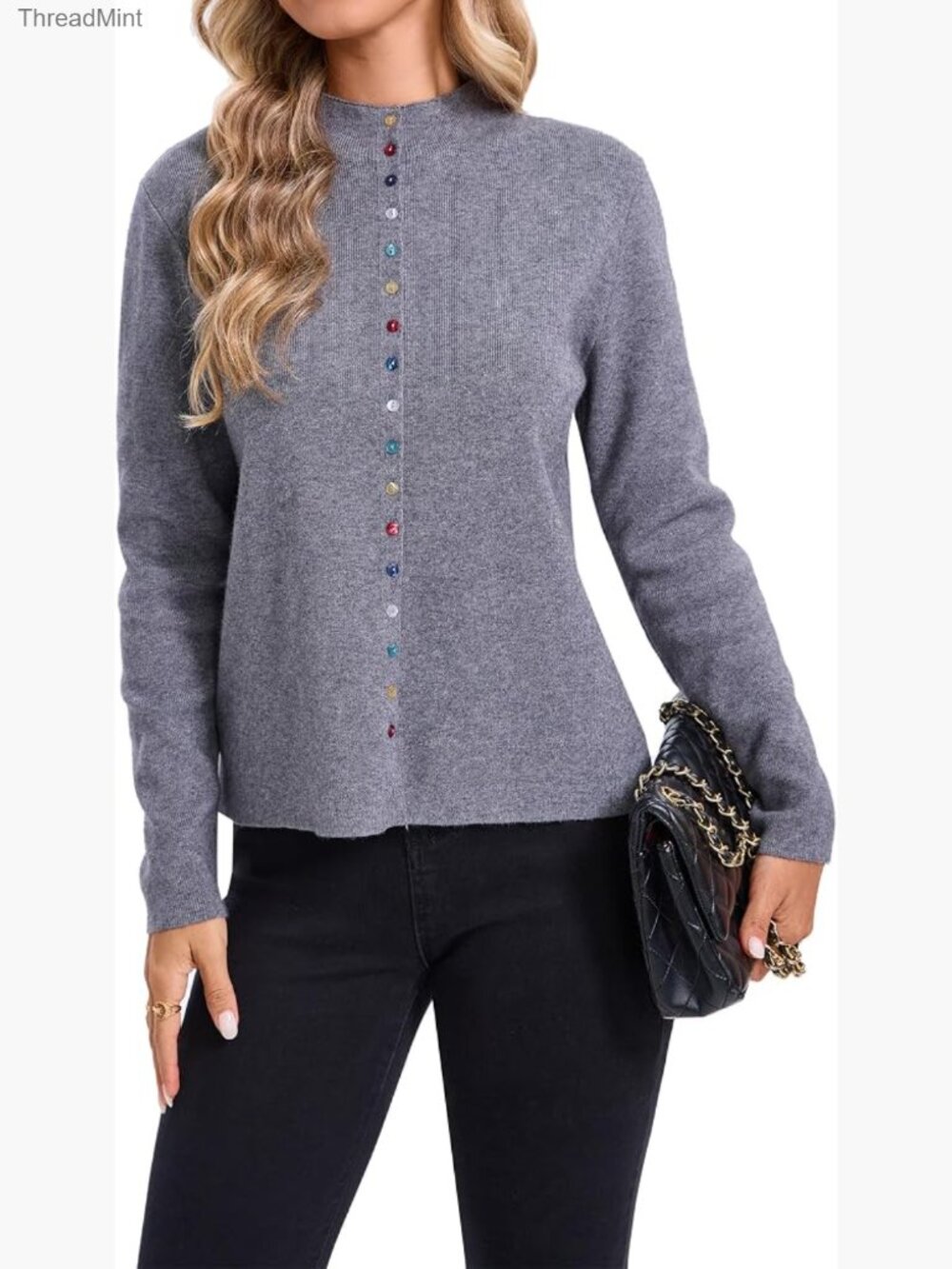 Women's Knitted Button Down Cardigan Sweater Mock Neck Loose Fit